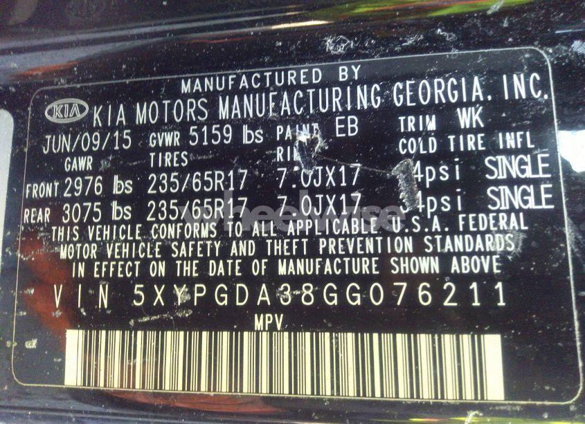 Photo 9 of 2016 Kia Sorento 2.4L LX (VIN 5XYPGDA38GG076211)