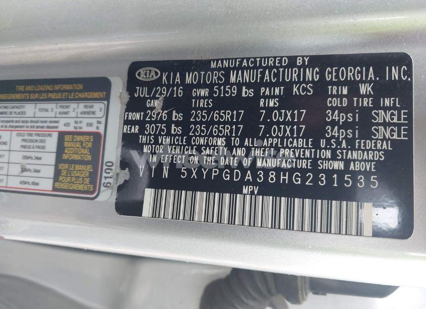 Photo 9 of 2017 Kia Sorento 2.4L LX (VIN 5XYPGDA38HG231535)