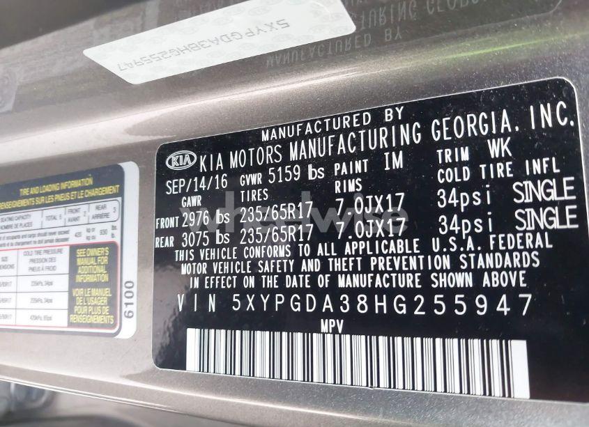 Photo 9 of 2017 Kia Sorento 2.4L LX (VIN 5XYPGDA38HG255947)