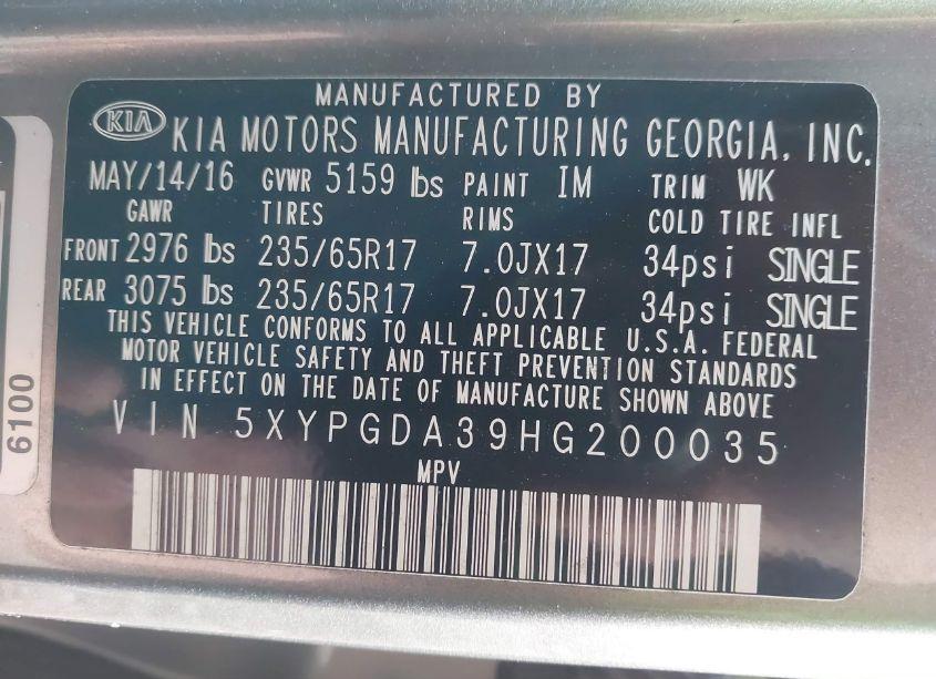 Photo 9 of 2017 Kia Sorento 2.4L LX (VIN 5XYPGDA39HG200035)