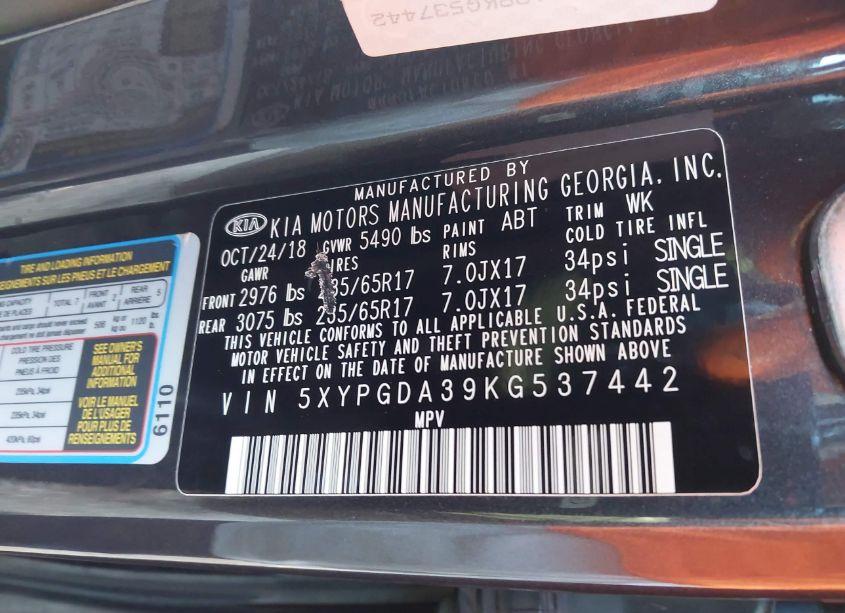 Photo 9 of 2019 Kia Sorento 2.4L LX (VIN 5XYPGDA39KG537442)