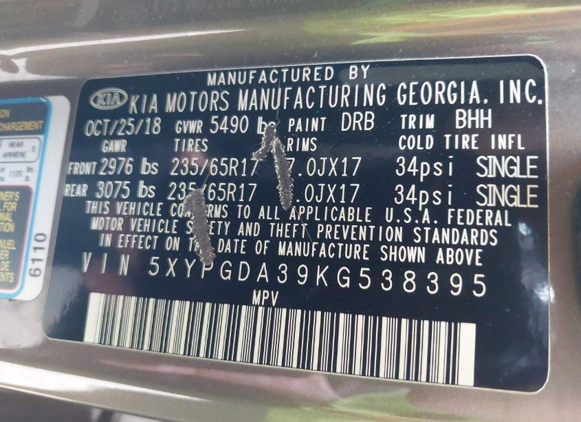 Photo 9 of 2019 Kia Sorento 2.4L LX (VIN 5XYPGDA39KG538395)