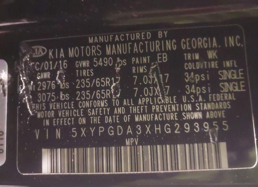 Photo 9 of 2017 Kia Sorento 2.4L LX (VIN 5XYPGDA3XHG293955)