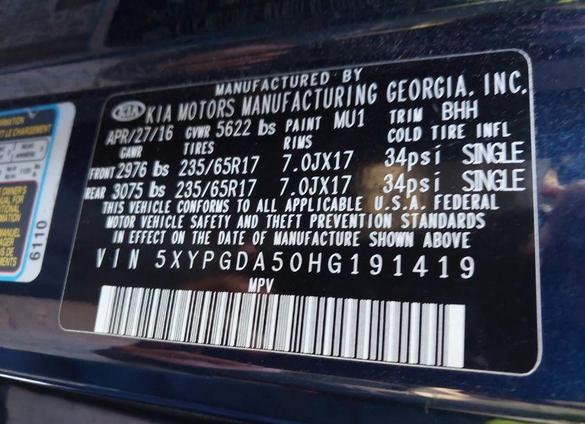 Photo 9 of 2017 Kia Sorento LX V6 (VIN 5XYPGDA50HG191419)