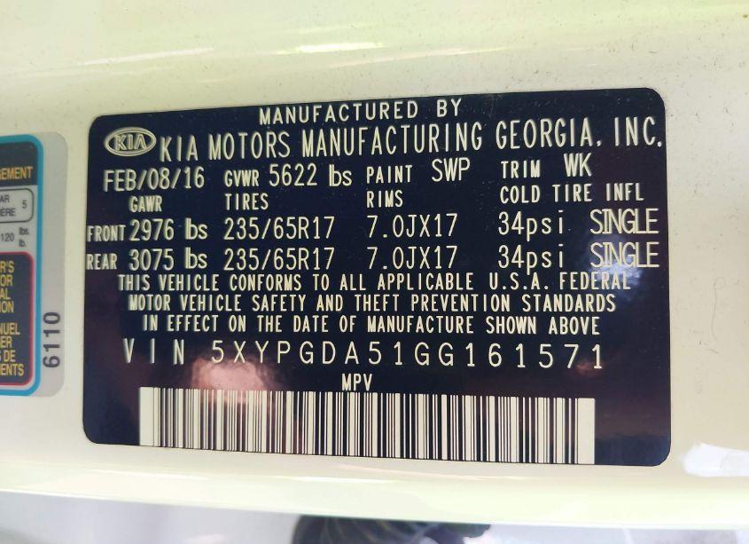 Photo 9 of 2016 Kia Sorento 3.3L LX (VIN 5XYPGDA51GG161571)