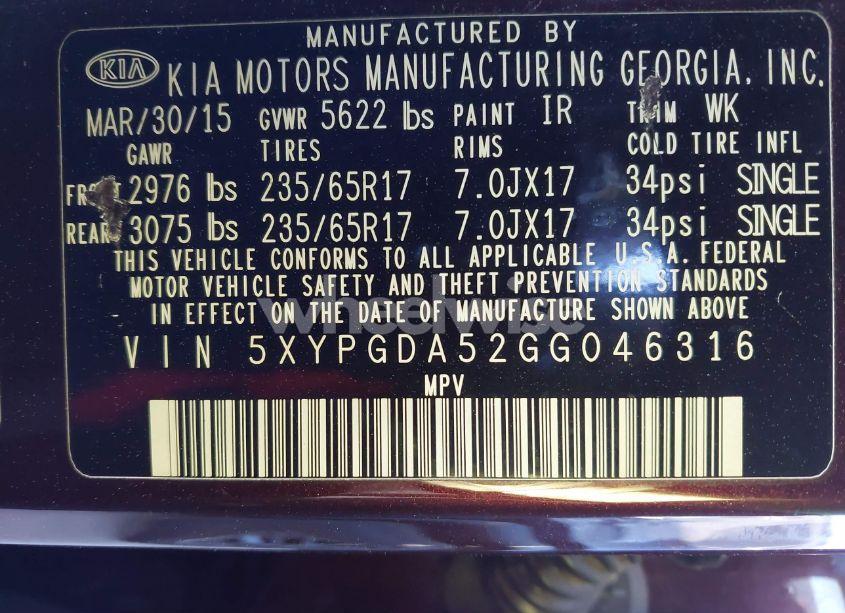 Photo 9 of 2016 Kia Sorento 3.3L LX (VIN 5XYPGDA52GG046316)