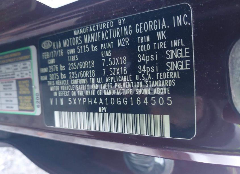 Photo 9 of 2016 Kia Sorento 2.0T EX (VIN 5XYPH4A10GG164505)