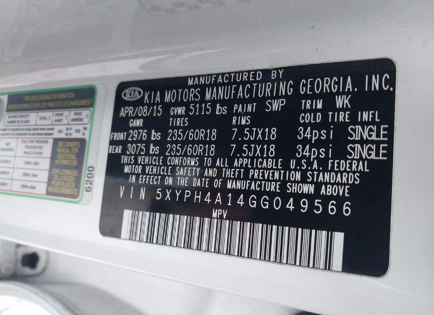 Photo 9 of 2016 Kia Sorento 2.0T EX (VIN 5XYPH4A14GG049566)