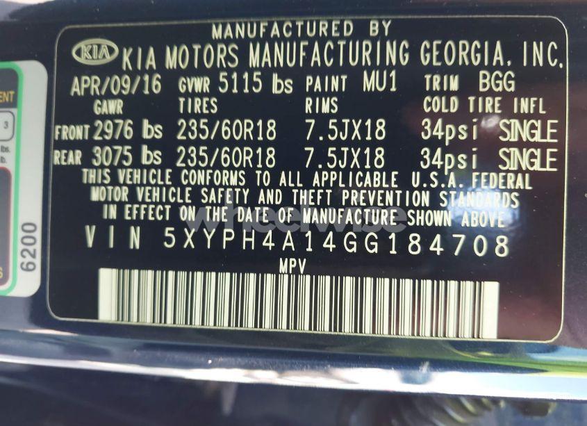 Photo 9 of 2016 Kia Sorento 2.0T EX (VIN 5XYPH4A14GG184708)