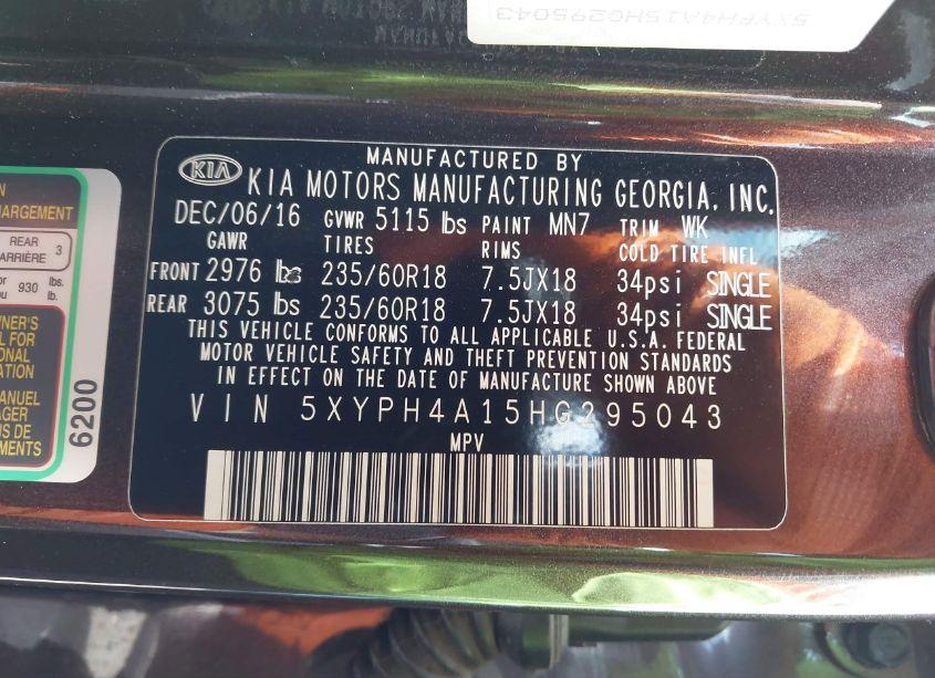 Photo 9 of 2017 Kia Sorento 2.0T EX (VIN 5XYPH4A15HG295043)