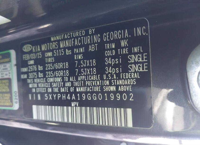 Photo 9 of 2016 Kia Sorento 2.0T EX (VIN 5XYPH4A19GG019902)