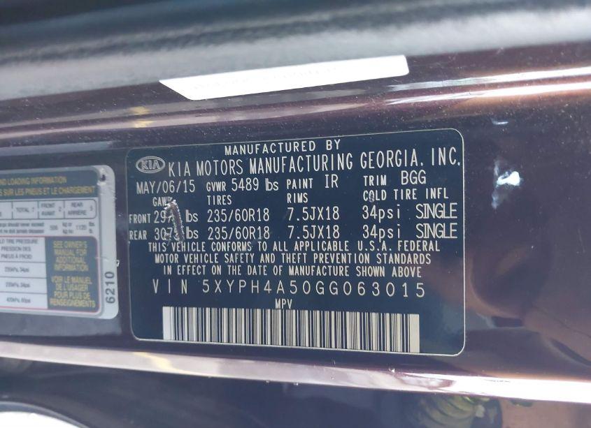 Photo 9 of 2016 Kia Sorento 3.3L EX (VIN 5XYPH4A50GG063015)