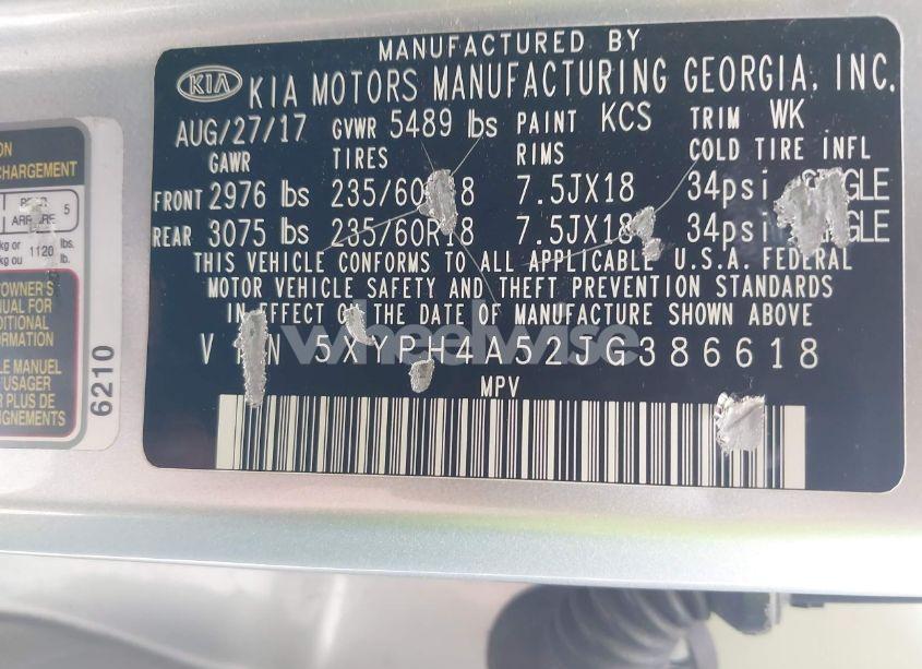 Photo 9 of 2018 Kia Sorento 3.3L EX (VIN 5XYPH4A52JG386618)