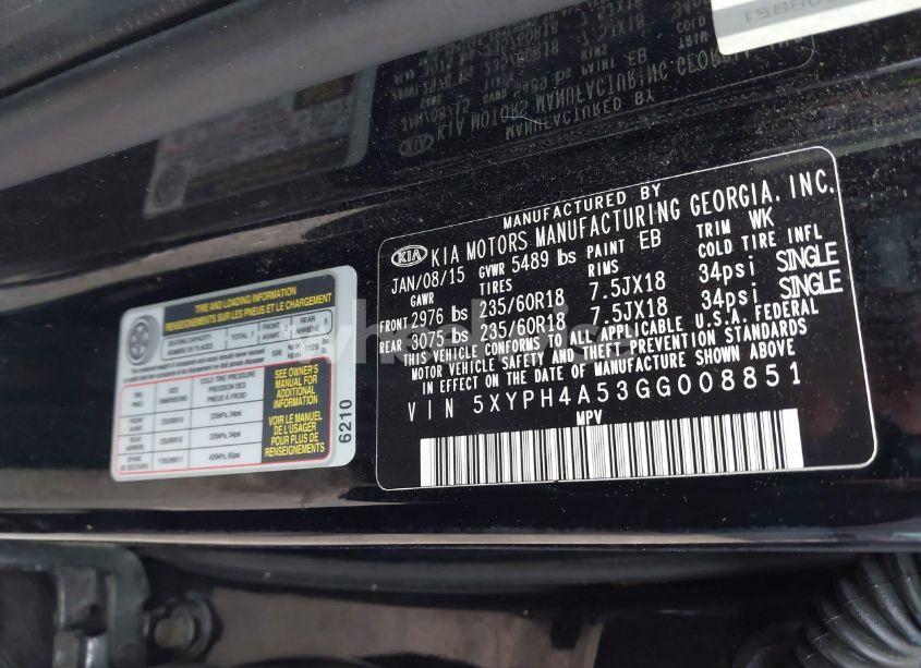 Photo 9 of 2016 Kia Sorento 3.3L EX (VIN 5XYPH4A53GG008851)