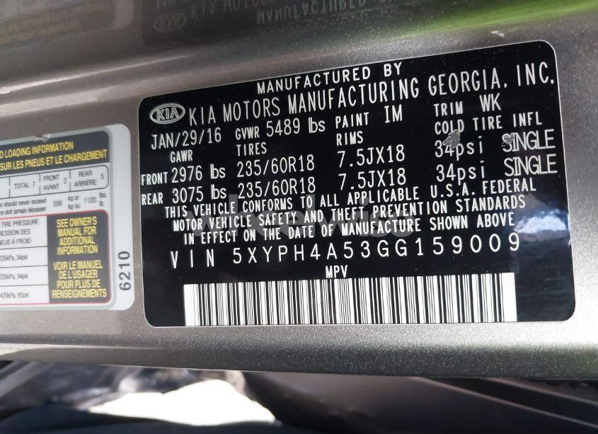 Photo 9 of 2016 Kia Sorento 3.3L EX (VIN 5XYPH4A53GG159009)