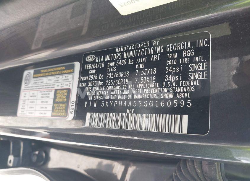 Photo 9 of 2016 Kia Sorento 3.3L EX (VIN 5XYPH4A53GG160595)