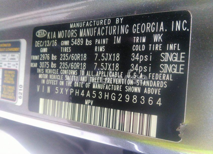 Photo 9 of 2017 Kia Sorento 3.3L EX (VIN 5XYPH4A53HG298364)