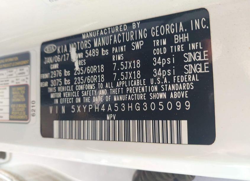 Photo 9 of 2017 Kia Sorento 3.3L EX (VIN 5XYPH4A53HG305099)