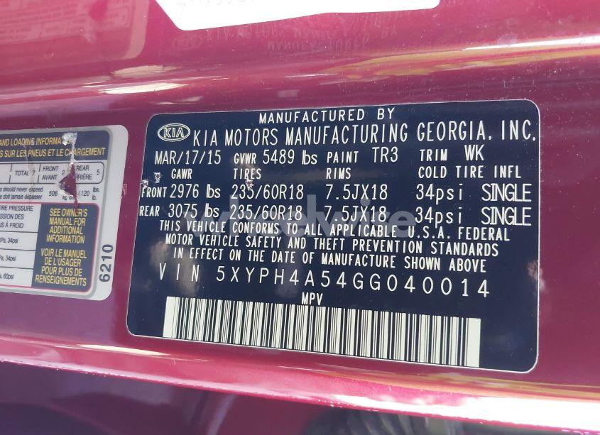 Photo 9 of 2016 Kia Sorento 3.3L EX (VIN 5XYPH4A54GG040014)