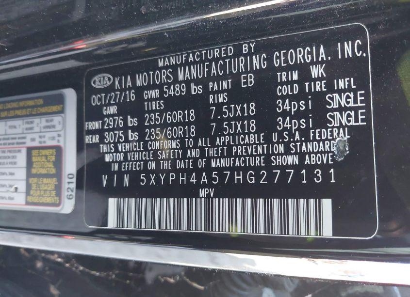 Photo 9 of 2017 Kia Sorento 3.3L EX (VIN 5XYPH4A57HG277131)