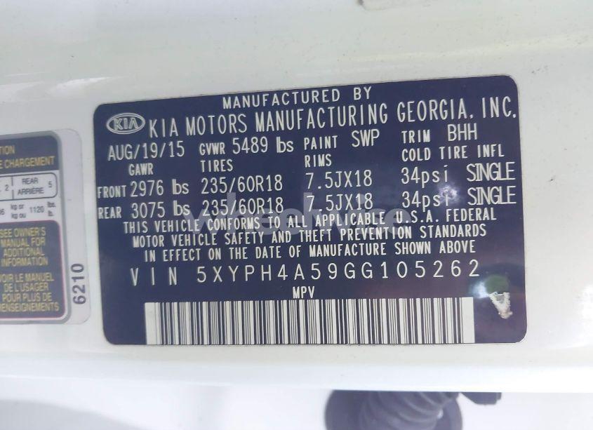 Photo 9 of 2016 Kia Sorento 3.3L EX (VIN 5XYPH4A59GG105262)