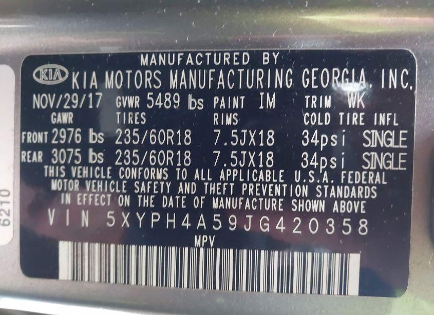 Photo 9 of 2018 Kia Sorento 3.3L EX (VIN 5XYPH4A59JG420358)