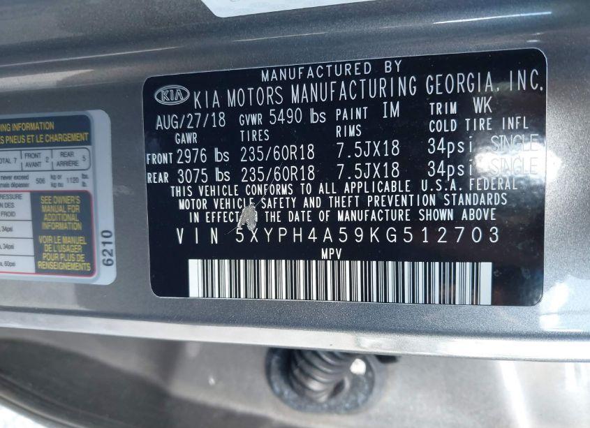 Photo 9 of 2019 Kia Sorento 3.3L EX (VIN 5XYPH4A59KG512703)