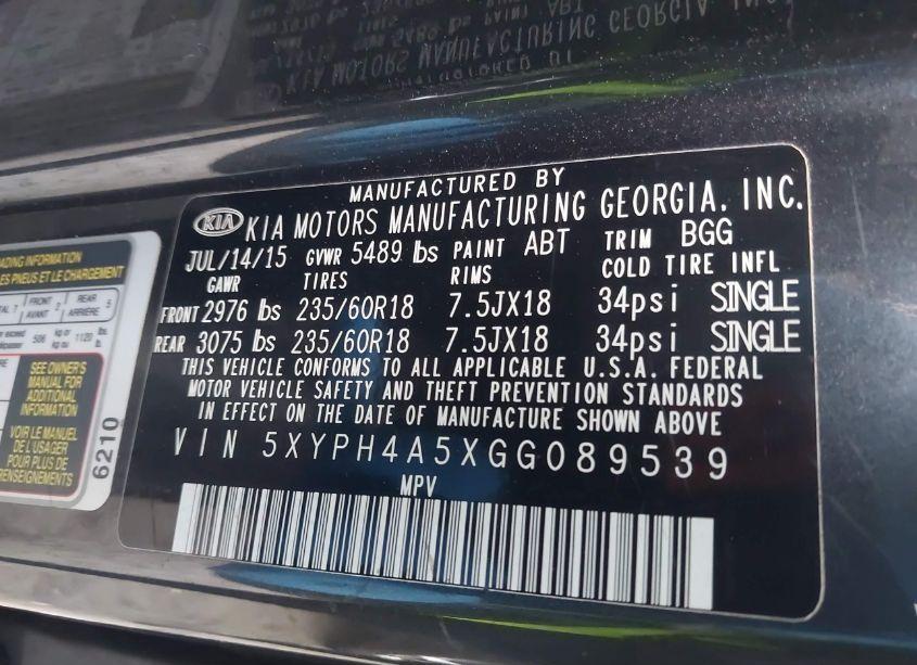 Photo 9 of 2016 Kia Sorento 3.3L EX (VIN 5XYPH4A5XGG089539)