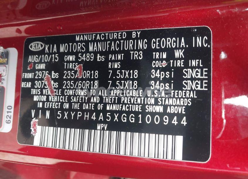 Photo 9 of 2016 Kia Sorento 3.3L EX (VIN 5XYPH4A5XGG100944)