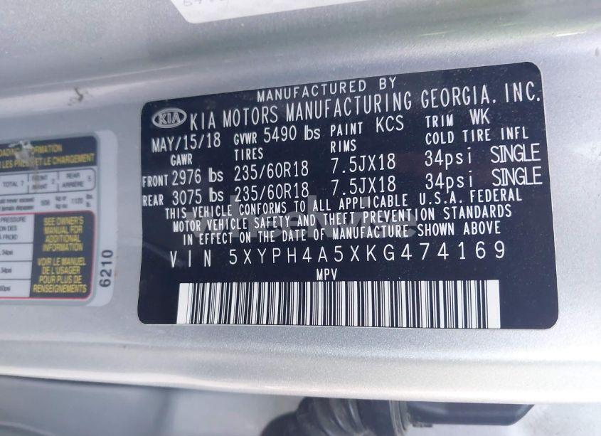 Photo 9 of 2019 Kia Sorento 3.3L EX (VIN 5XYPH4A5XKG474169)