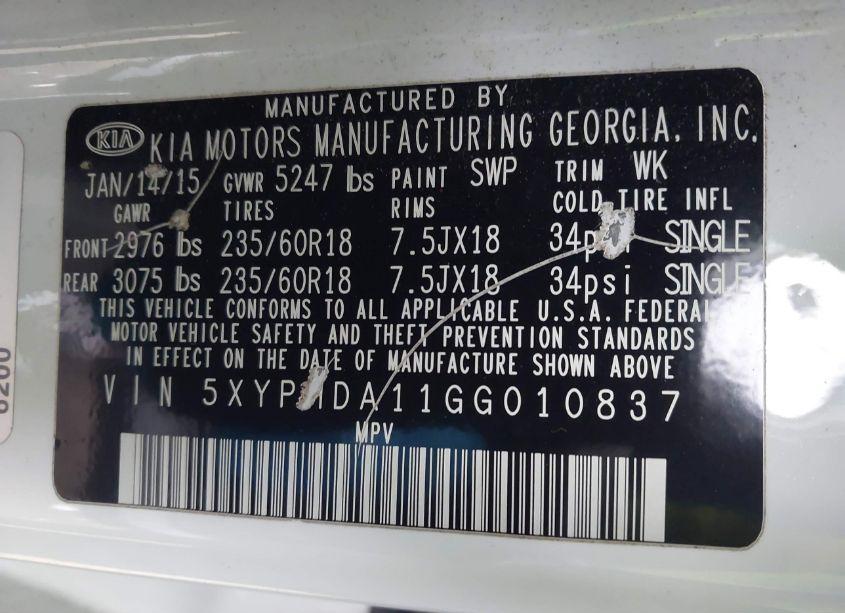 Photo 9 of 2016 Kia Sorento 2.0T EX (VIN 5XYPHDA11GG010837)