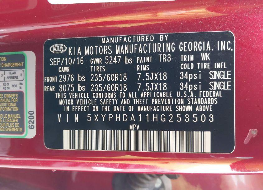 Photo 9 of 2017 Kia Sorento 2.0T EX (VIN 5XYPHDA11HG253503)