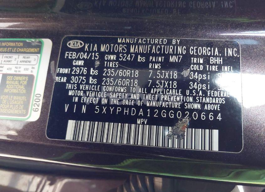 Photo 9 of 2016 Kia Sorento 2.0T EX (VIN 5XYPHDA12GG020664)