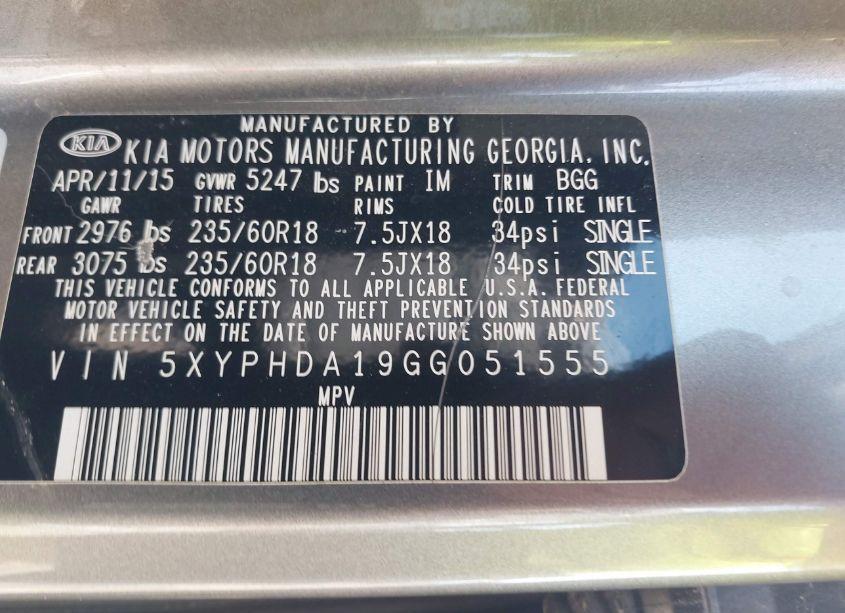 Photo 9 of 2016 Kia Sorento 2.0T EX (VIN 5XYPHDA19GG051555)