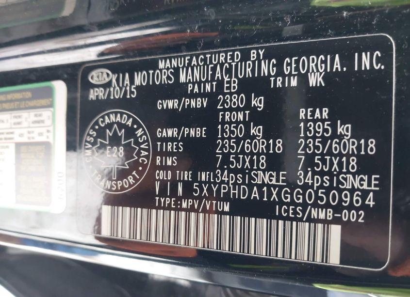 Photo 9 of 2016 Kia Sorento 2.0T EX (VIN 5XYPHDA1XGG050964)