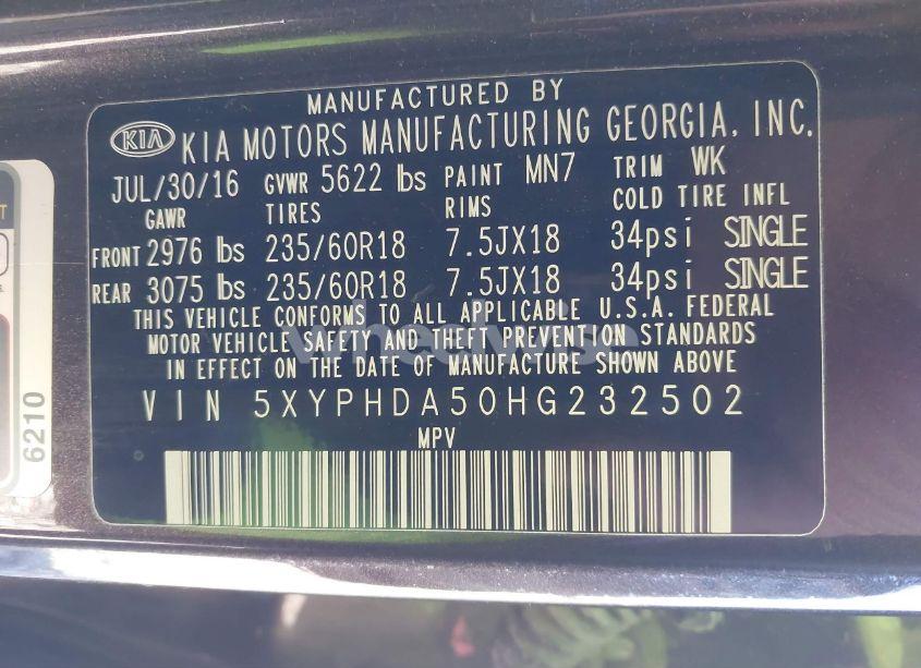 Photo 9 of 2017 Kia Sorento 3.3L EX (VIN 5XYPHDA50HG232502)