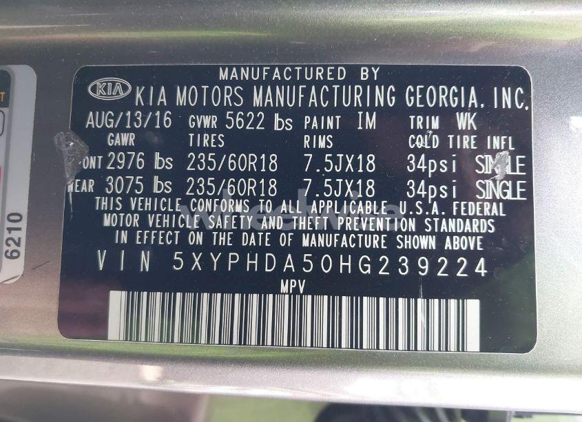 Photo 9 of 2017 Kia Sorento 3.3L EX (VIN 5XYPHDA50HG239224)