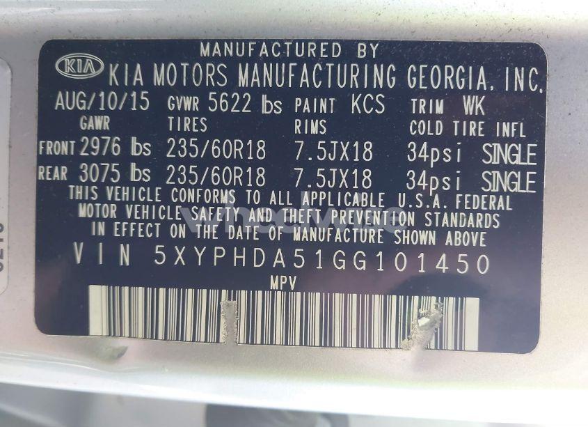 Photo 9 of 2016 Kia Sorento 3.3L EX (VIN 5XYPHDA51GG101450)