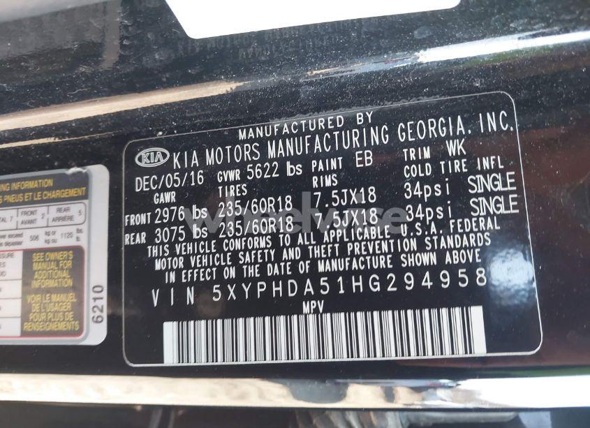 Photo 9 of 2017 Kia Sorento 3.3L EX (VIN 5XYPHDA51HG294958)