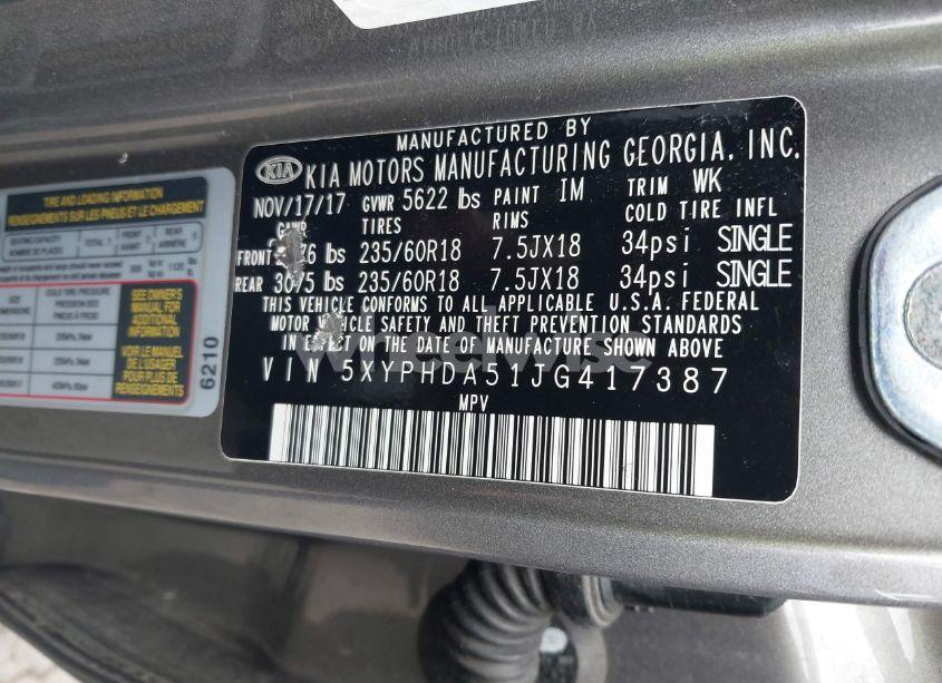 Photo 9 of 2018 Kia Sorento 3.3L EX (VIN 5XYPHDA51JG417387)