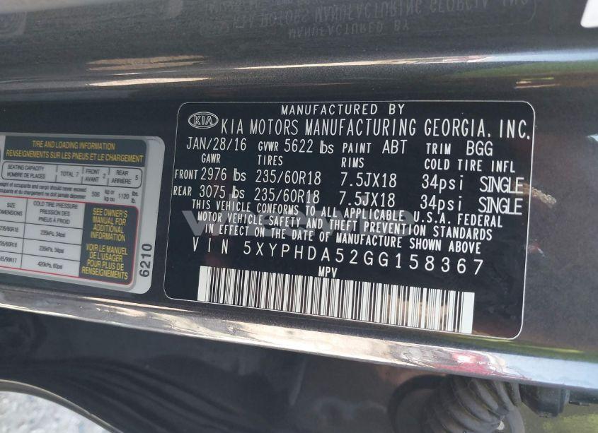 Photo 9 of 2016 Kia Sorento 3.3L EX (VIN 5XYPHDA52GG158367)