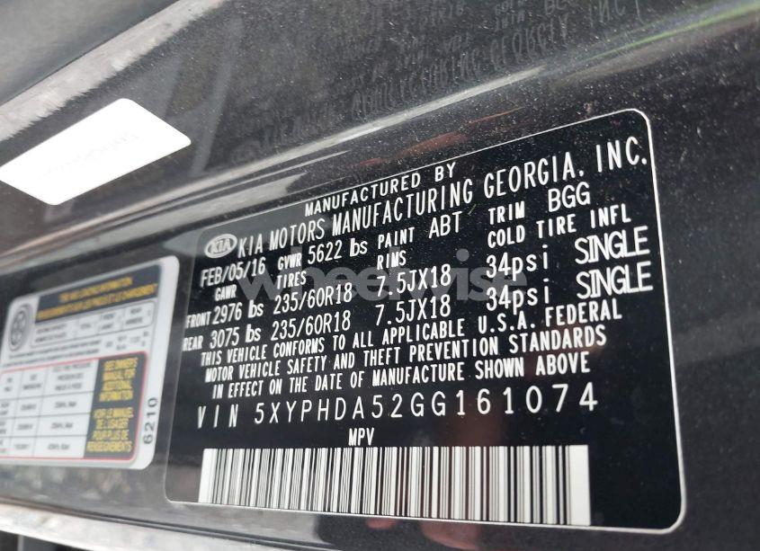 Photo 9 of 2016 Kia Sorento 3.3L EX (VIN 5XYPHDA52GG161074)