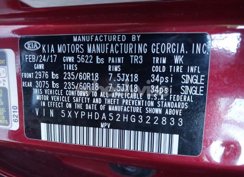 Photo 9 of 2017 Kia Sorento 3.3L EX (VIN 5XYPHDA52HG322833)