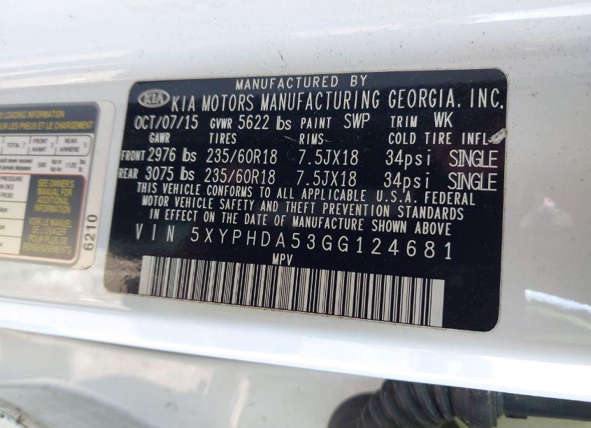 Photo 9 of 2016 Kia Sorento 3.3L EX (VIN 5XYPHDA53GG124681)