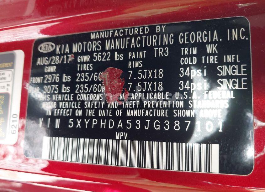 Photo 9 of 2018 Kia Sorento 3.3L EX (VIN 5XYPHDA53JG387101)