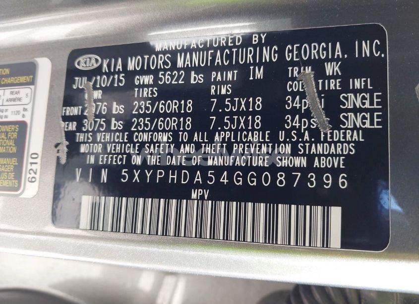 Photo 9 of 2016 Kia Sorento 3.3L EX (VIN 5XYPHDA54GG087396)