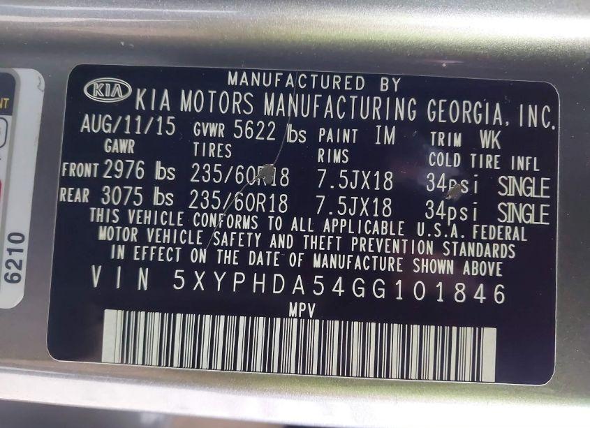 Photo 9 of 2016 Kia Sorento 3.3L EX (VIN 5XYPHDA54GG101846)