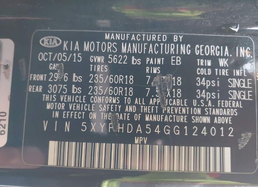 Photo 9 of 2016 Kia Sorento 3.3L EX (VIN 5XYPHDA54GG124012)