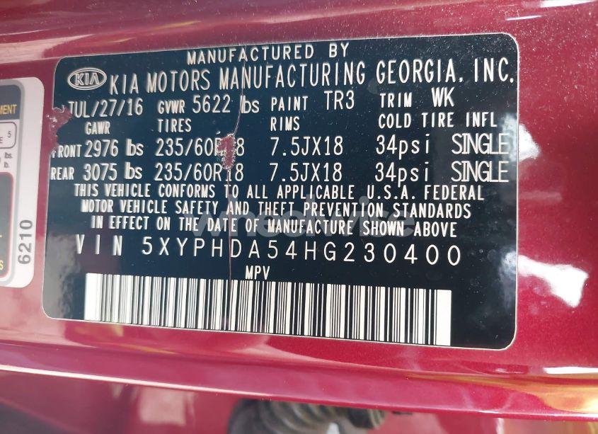 Photo 9 of 2017 Kia Sorento 3.3L EX (VIN 5XYPHDA54HG230400)