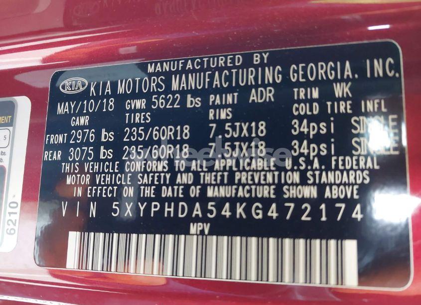 Photo 9 of 2019 Kia Sorento 3.3L EX (VIN 5XYPHDA54KG472174)